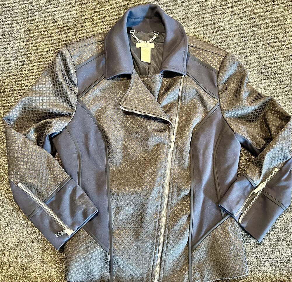 Caché Patterned Black and Gold Moto Jacket Size 6